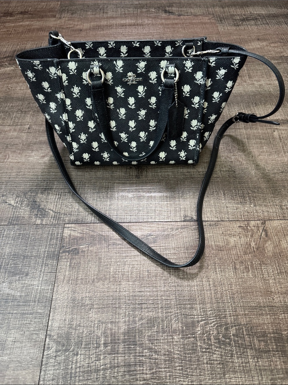 Coach Black and Cream Floral Print Crossbody Tote